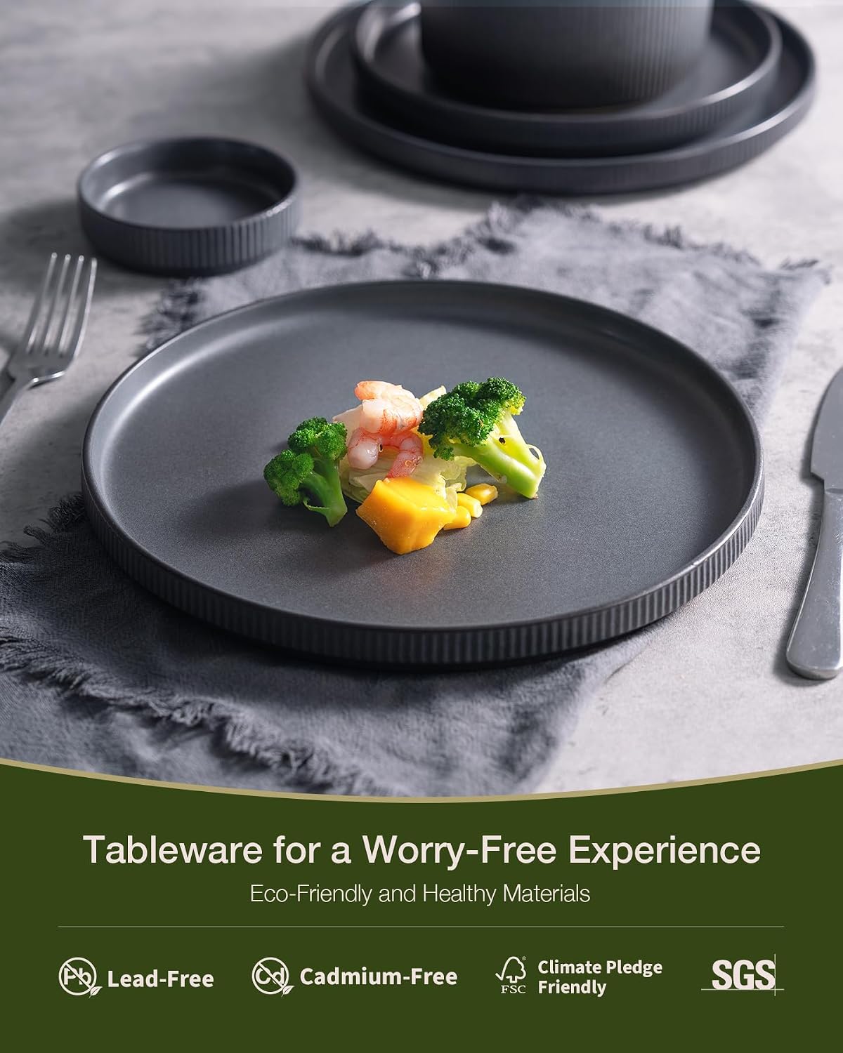 Famiware Star Dinnerware Set with Mugs, Service for 4 (16pcs), Ribbed Stoneware Plates and Bowls Dishes Sets - Chip & Scratch Resistant, Microwave & Dishwasher Safe, Matte Dark Charcoal