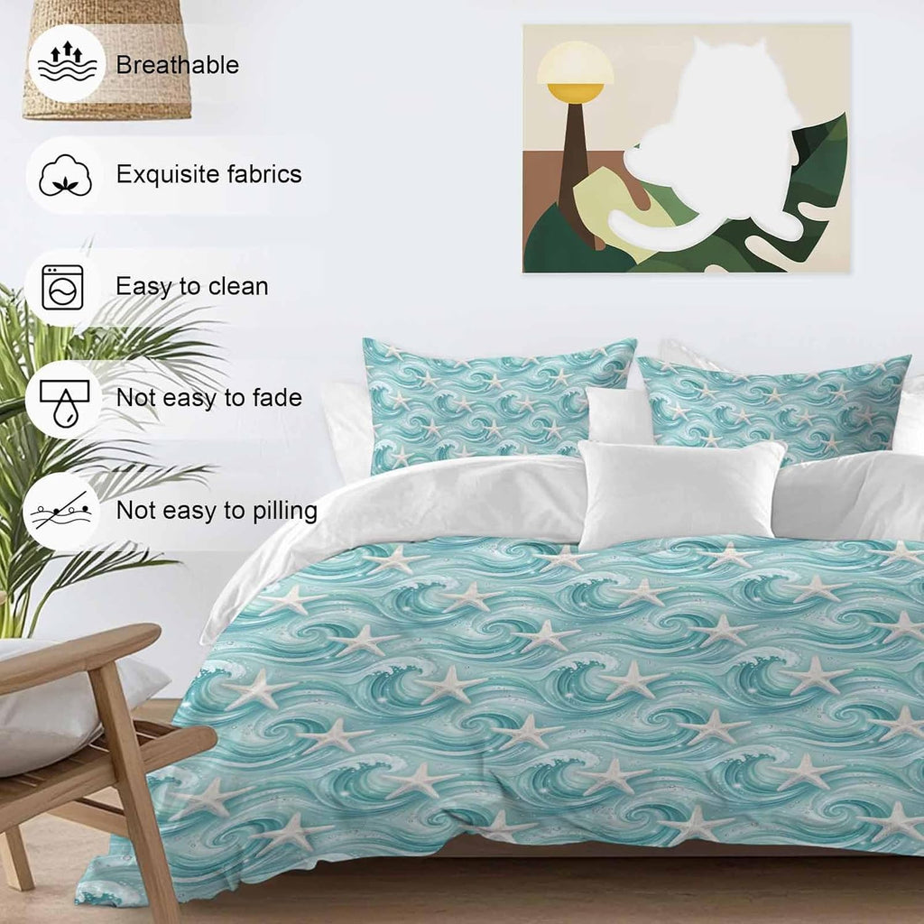 Teal Ocean Starfish Duvet Cover Set Queen Size 4 Pieces Nautical Coastal Watercolor Sea Waves Starfish Bedding Set with Zipper Closure, 1 Comforter Cover 92x106 Inches 1 Flat Sheet & 2 Pillow Cases