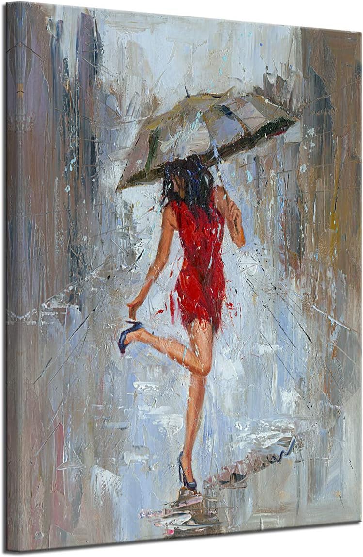 Large Abstract Canvas Wall Art Rain Modern Print Painting Girl Umbrella with Red Dress Walking in Street Huge Figure Artwork