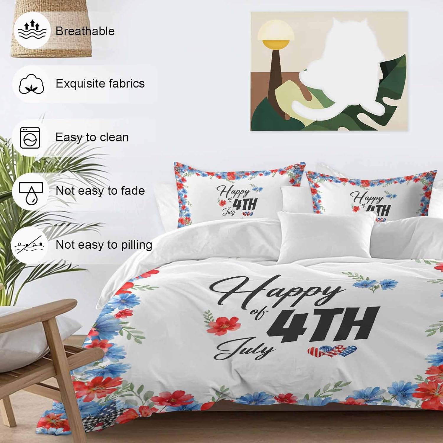 Prime Leader Happy of 4th July Duvet Cover Set Queen Size 4 Pieces Rustic Red Blue Floral Heart Bedding Set with Zipper Closure, 1 Comforter Cover 86x86 Inches 1 Flat Sheet & 2 Pillow Cases