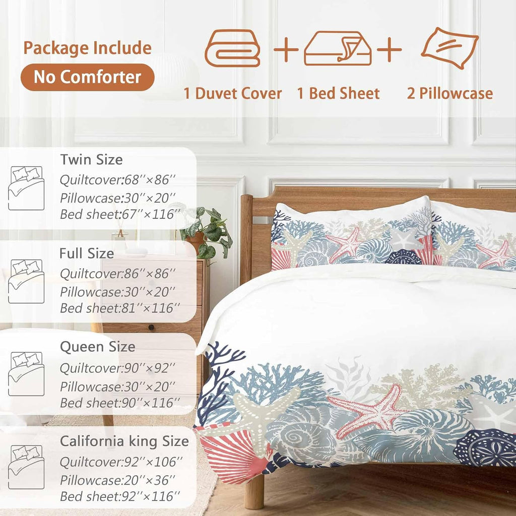 Summer Marine Life Duvet Cover Set Queen Size 4 Pieces Ocean Coral Coastal Starfish Blue Conch Bedding Set with Zipper Closure, 1 Comforter Cover 90x92 Inches 1 Flat Sheet & 2 Pillow Cases