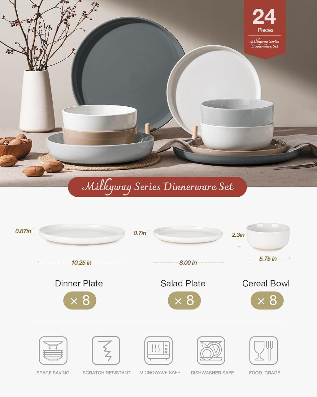 Famiware Milkyway Dinnerware Sets, 24 Piece Dish Set, Plates and Bowls Sets for 8, Multi-color