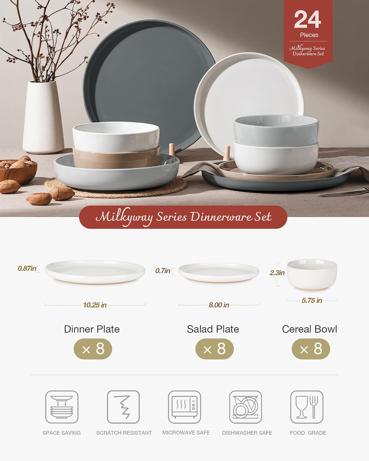 Famiware Milkyway Dinnerware Sets, 24 Piece Dish Set, Plates and Bowls Sets for 8, Multi-color