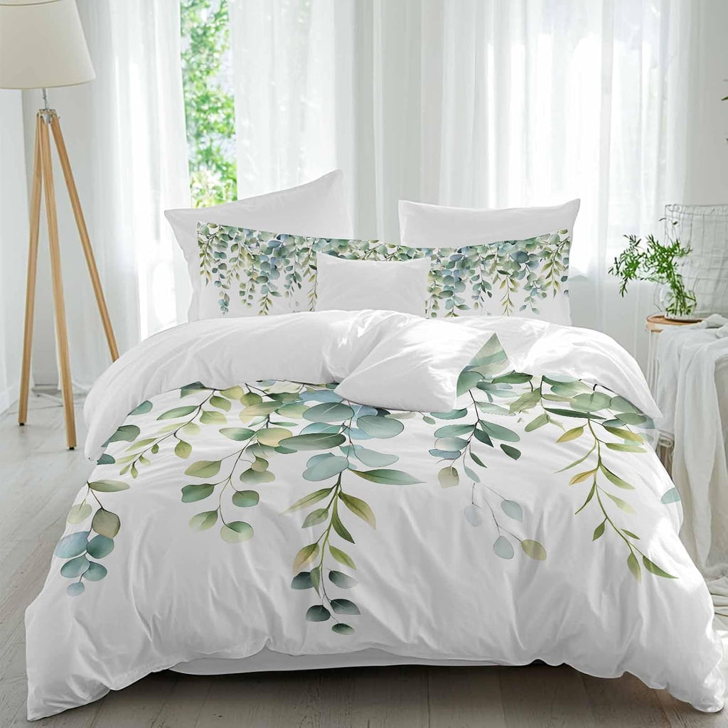 Prime Leader Green Leaves Duvet Cover Set Queen Size 4 Pieces Eucalyptus Leaf Watercolor Plant Botanical Bedding Set with Zipper Closure, 1 Comforter Cover 90x92 Inches 1 Flat Sheet & 2 Pillow Cases