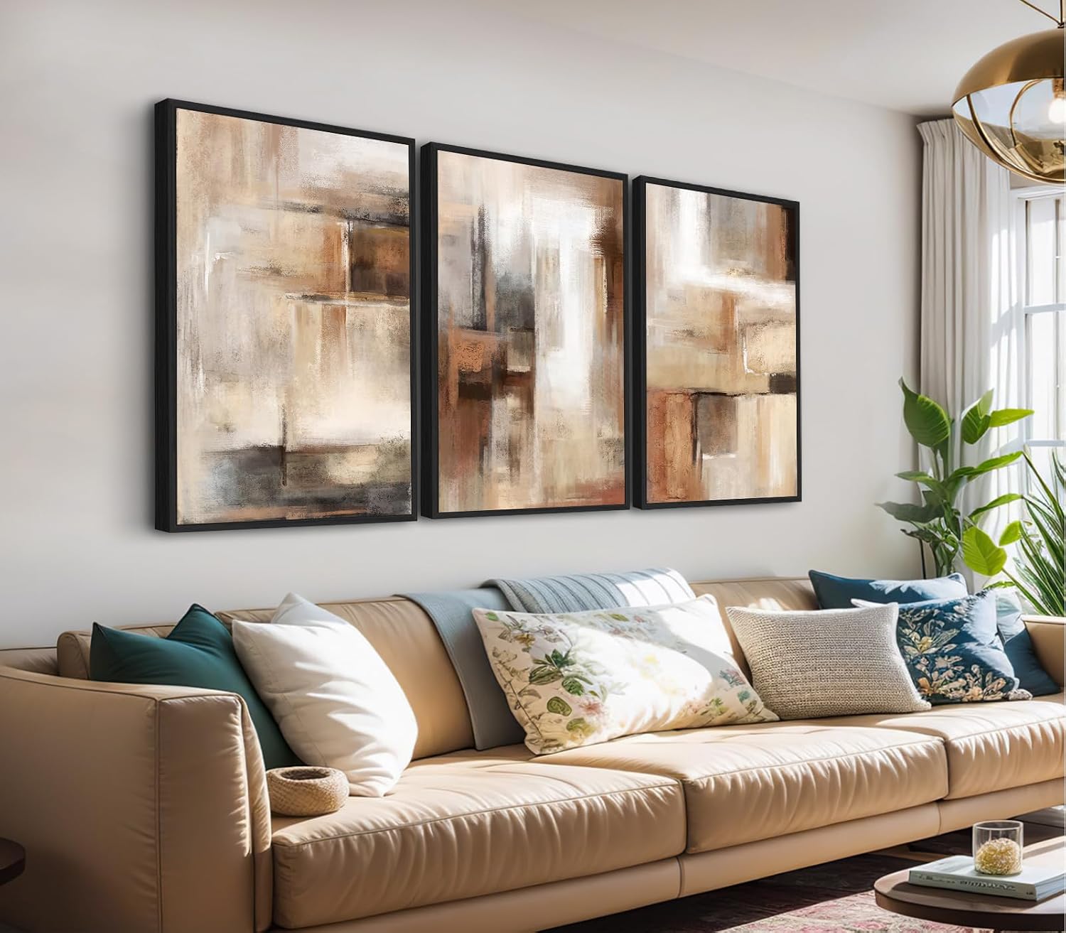 ASDCEUTICALS Large Canvas Wall Art - Brown and Beige Abstract Pictures for Living Room Vintage Wall Decor Retro Rustic Paintings Black Float Framed for Bedroom Dinning Room 32' X 48' X 3 pcs