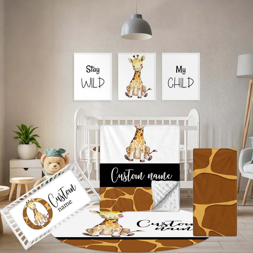 Terwex Personalized Crib Bedding Set, 5 Pcs Custom Name Nursery Bedding Sets, Giraff Infant Bedding Set for Boys Girls, Double Layer Flannel Baby Crib Set, Customized Gifts for Babies Toddlers Kids