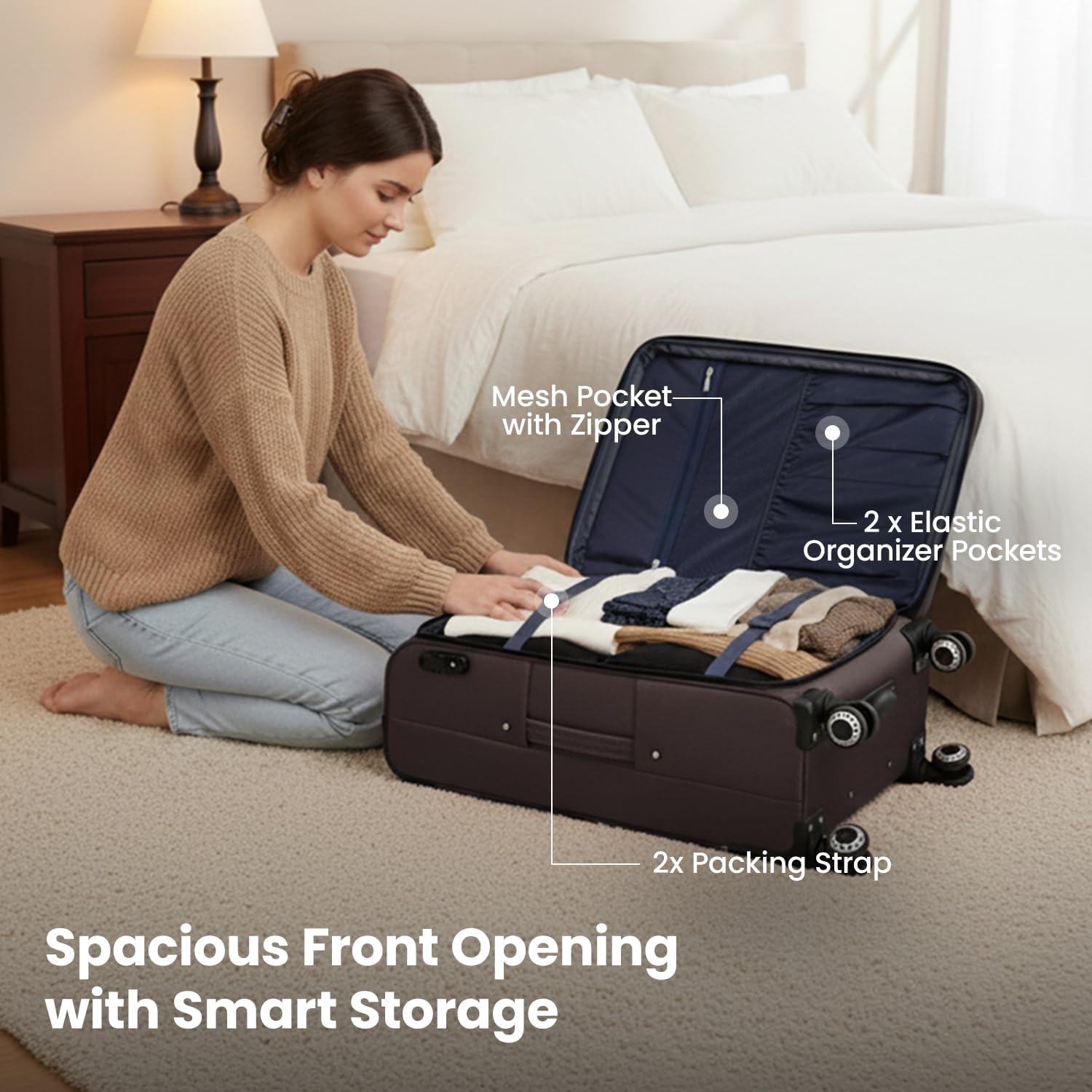 Softside Luggage Sets 2 Piece,Expandable 15% Lightweight Durable Suitcase Sets Double Spinner Wheels w/Combination LOCK （Coffee,20in/26in）