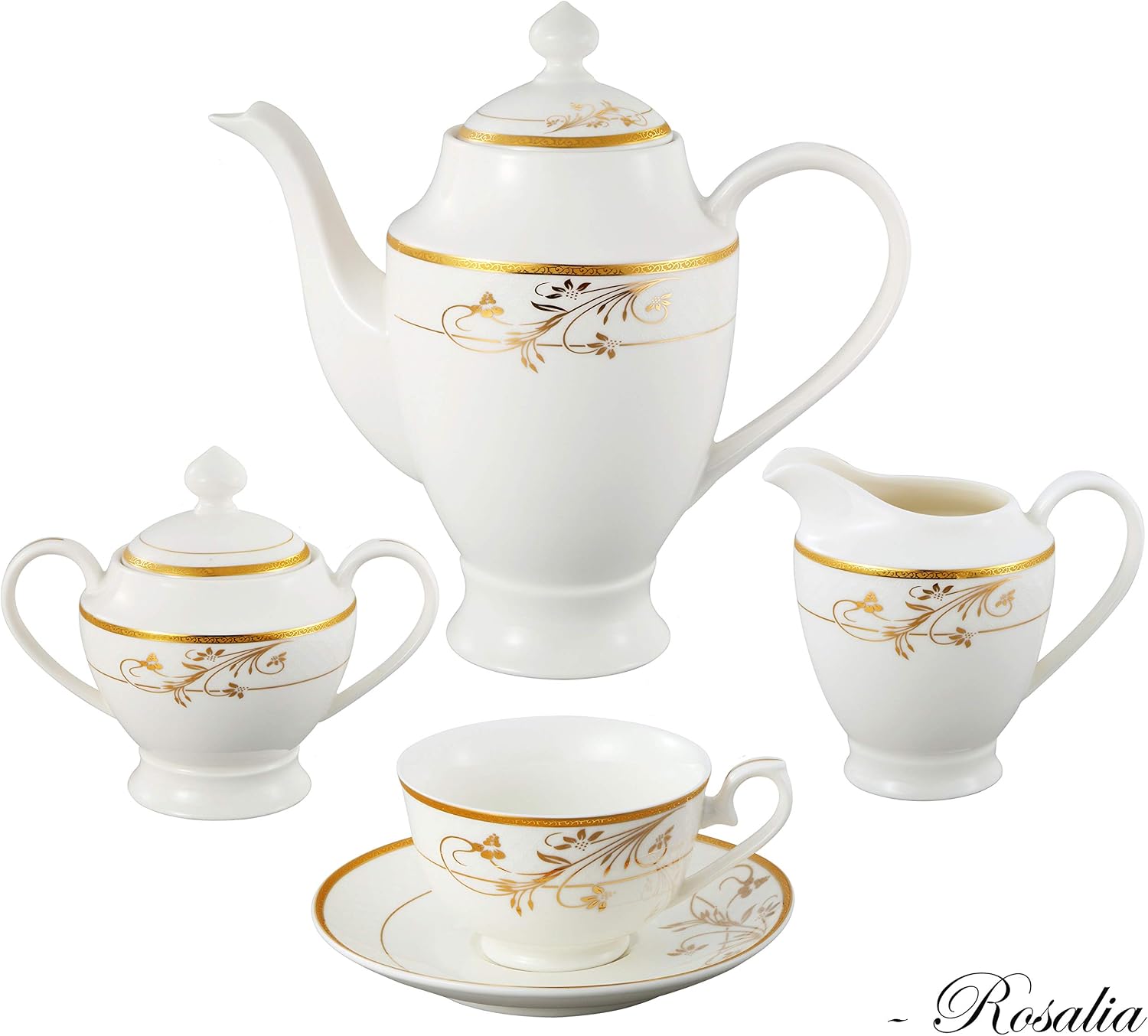 Lorren Home Trends La Luna Bone China 57-Piece 24K Gold Floral Design Dinnerware Set, Service for 8