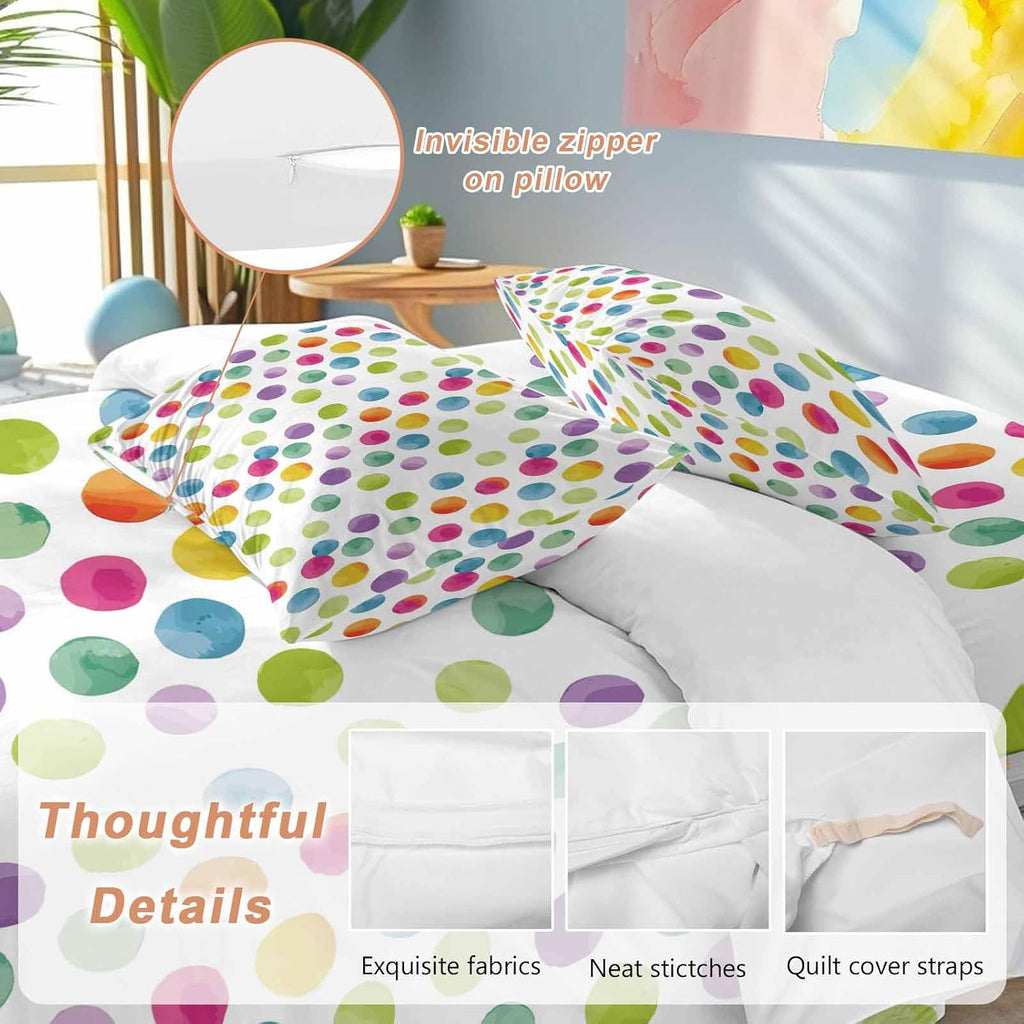 Colorful Wavepoints Duvet Cover Set Queen Size 4 Pieces Modern Abstract Watercolor Yellow Pink Green Points Bedding Set with Zipper Closure,1 Comforter Cover 90x92 Inches 1 Flat Sheet & 2 Pillow Cases