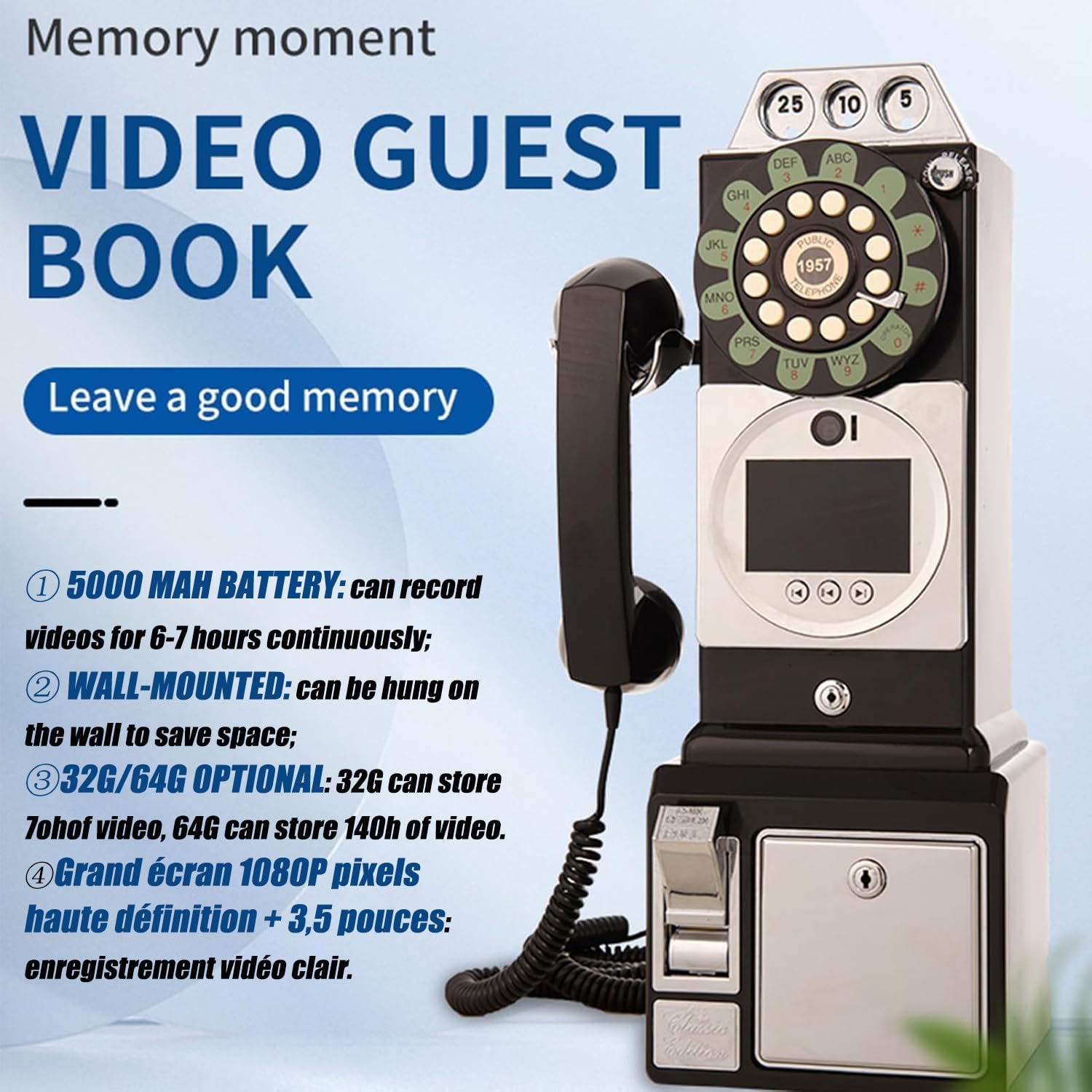 1080P Video Guestbook Wedding Phone, Retro Classic Audio Guestbook Record Customized Audio Messages with Guest Book Telephone for Parties Weddings Birthdays Rentals Confessions,Black-32G