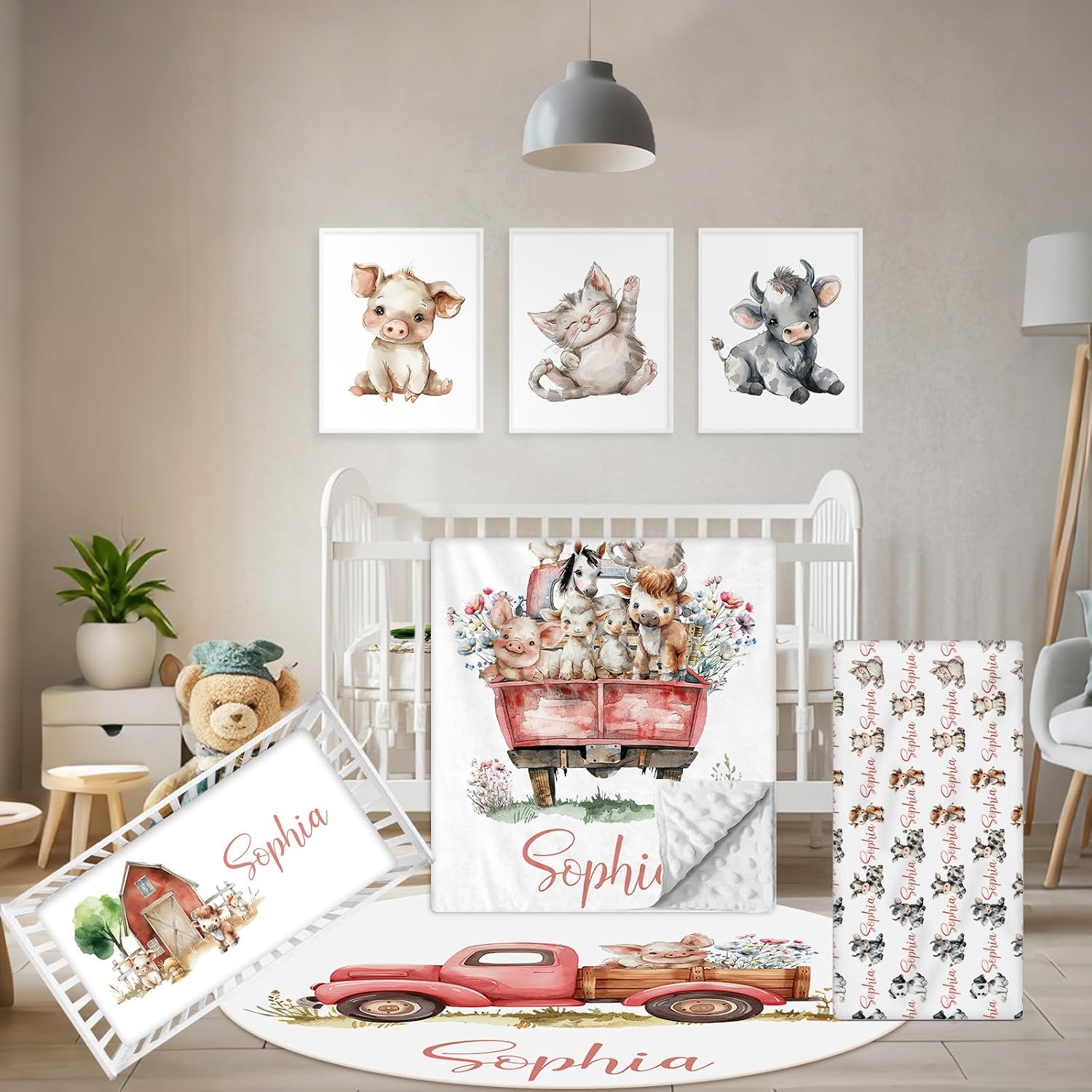 Terwex Custom Baby Crib Bedding Set, 5 Pcs Personalized Name Baby Crib Sets for Infant Toddler, Farm Animals Nursery Bedding Set for Boy Girl, Double Layer Flannel Baby Bedding Sets Customized Gifts
