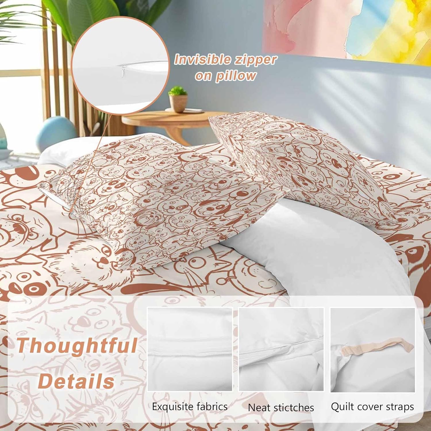 Cartoon Cat Duvet Cover Set Queen Size 4 Pieces Cute Dog Vintage Brown Line Animal Abstract Puppy Bedding Set with Zipper Closure, 1 Comforter Cover 90x92 Inches 1 Flat Sheet & 2 Pillow Cases