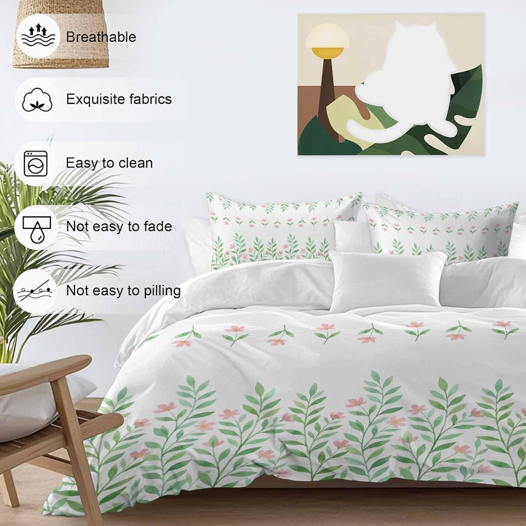 Prime Leader Spring Green Leaf Duvet Cover Set Queen Size 4 Pieces Watercolor Pink Flower Simple Country Bedding Set with Zipper Closure, 1 Comforter Cover 90x92 Inches 1 Flat Sheet & 2 Pillow Cases