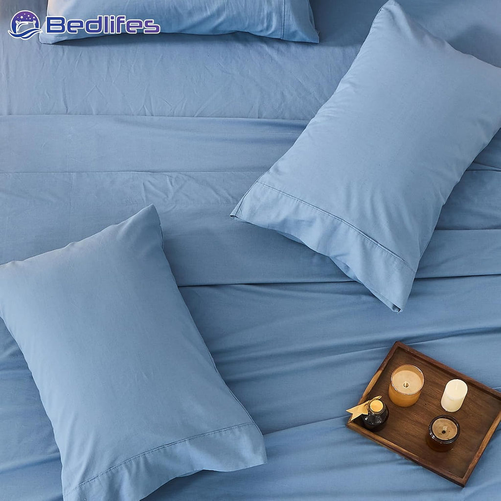 Bedlifes 100% French Pure Linen Sheets Queen Size Breathable and Cooling Flax Sheet Set Soft Durable and Moisture Wicking 16 Inch Deep Pocket-4 Piece(Queen,Flint Blue)