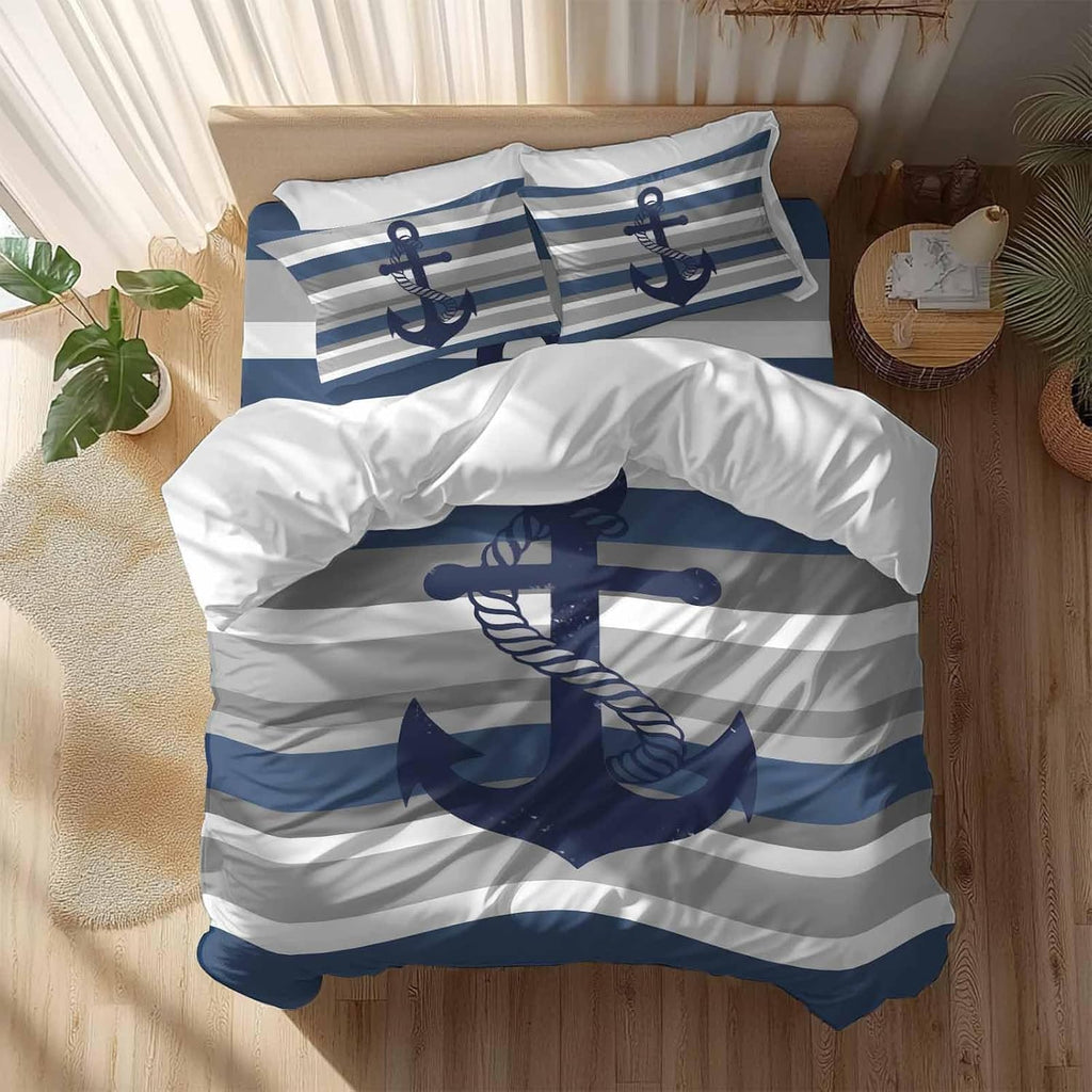 Nautical Anchor Duvet Cover Set Queen Size 4 Pieces Navy Blue Grey Stripe Modern Simplistic Striped Bedding Set with Zipper Closure, 1 Comforter Cover 90x92 Inches 1 Flat Sheet & 2 Pillow Cases