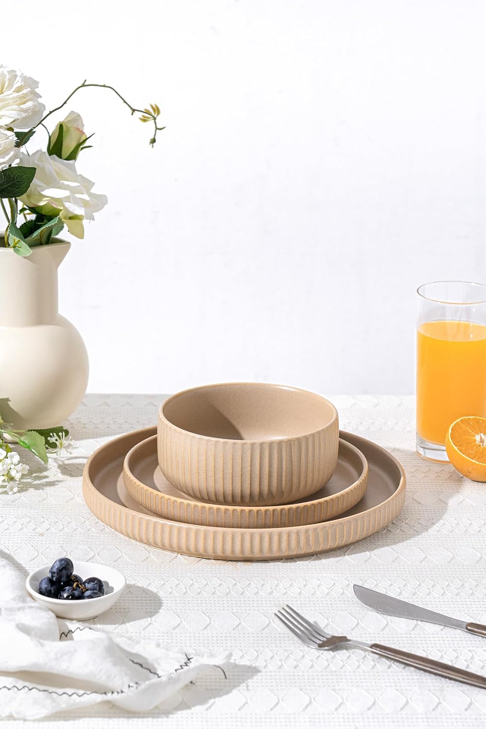 FOBENTA Dinnerware Sets for 4,Microwave Safe Plates and Bowls Sets,12 Piece Dylan Dish Set,Reactive Glaze Stoneware Dinnerware Set (Matte Reactive Khaki Beige, Service for 4 (12pcs))