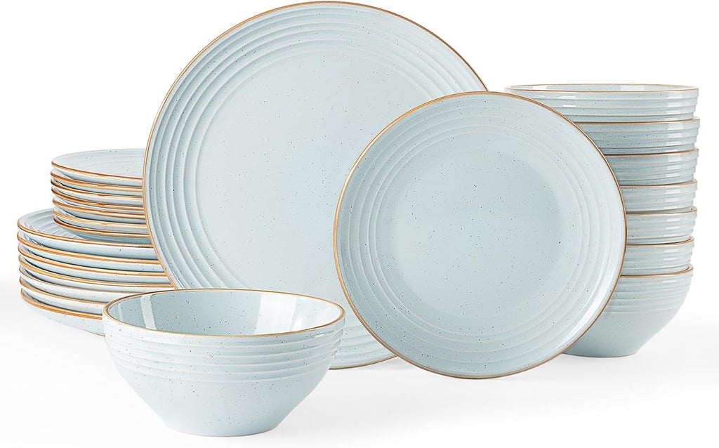 Famiware Jupiter 24-Piece Stoneware Dinnerware Set, Handcrafted Plates and Bowls with Speckles & Embossed Swirls, Chip/Scratch Resistant, Microwave/Dishwasher Safe, Rustic Dishes, Service for 8, Blue