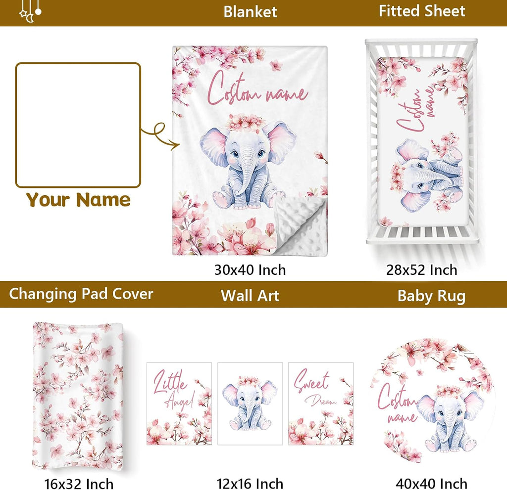 Terwex Personalized Baby Bedding Set, 5 Pcs Custom Name Bedding for Girls Boys - Nursery Bedding for Crib, Soft Toddler Bedding Sets for Infant Customized Gifts, Flower Elephant