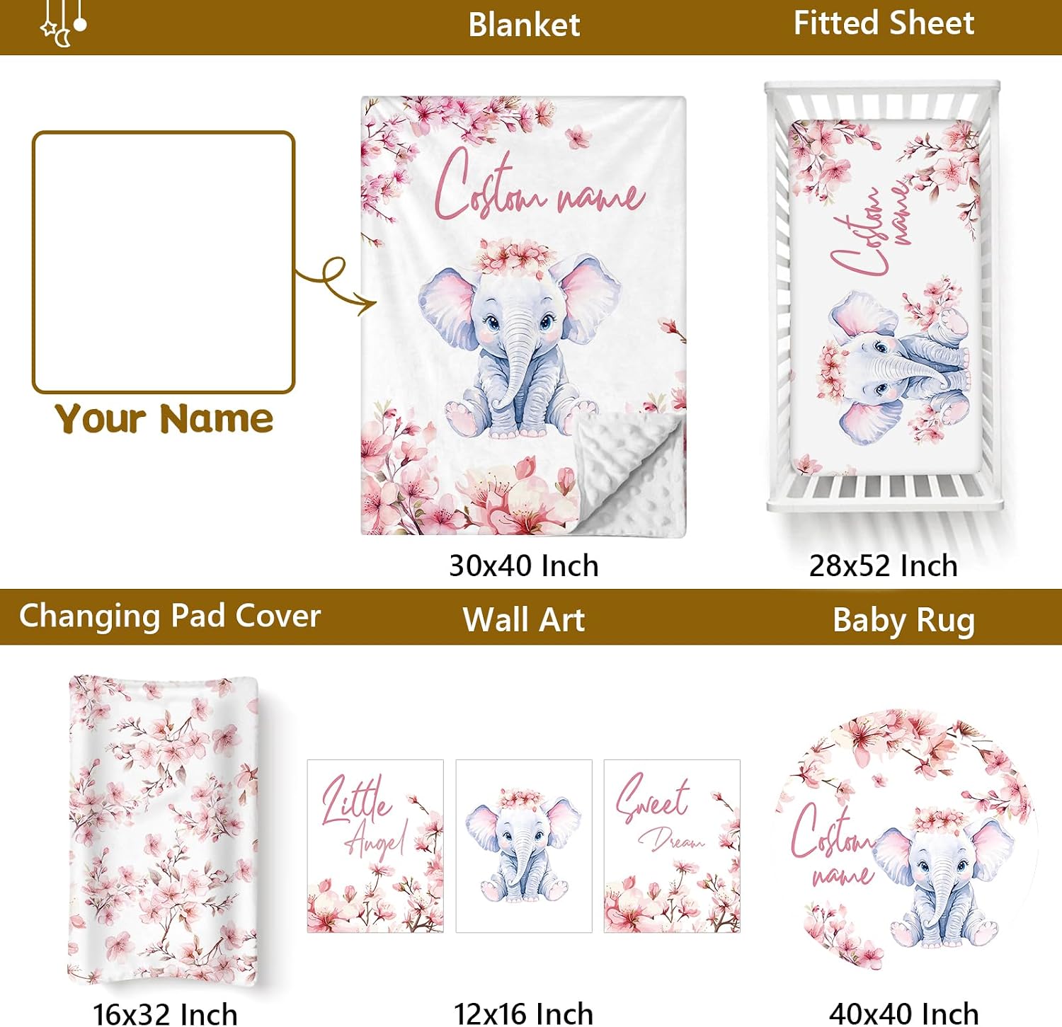 Terwex Personalized Baby Bedding Set, 5 Pcs Custom Name Bedding for Girls Boys - Nursery Bedding for Crib, Soft Toddler Bedding Sets for Infant Customized Gifts, Flower Elephant