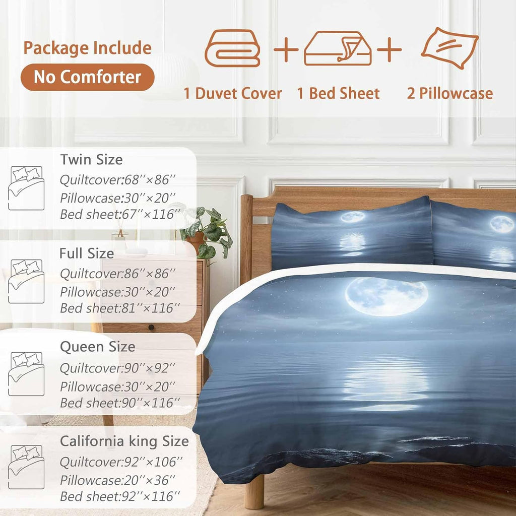 Prime Leader Night Ocean Duvet Cover Set Queen Size 4 Pieces Natural Scenery Moonlight Sparkling Water Bedding Set with Zipper Closure, 1 Comforter Cover 92x106 Inches 1 Flat Sheet & 2 Pillow Cases