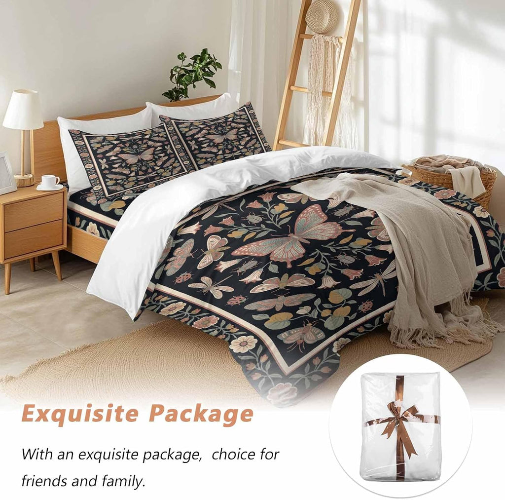 Retro Theme Duvet Cover Set Queen Size 4 Pieces Butterfly Dragonfly Plants Flowers Leaves Black Bedding Set with Zipper Closure, 1 Comforter Cover 90x92 Inches 1 Flat Sheet & 2 Pillow Cases