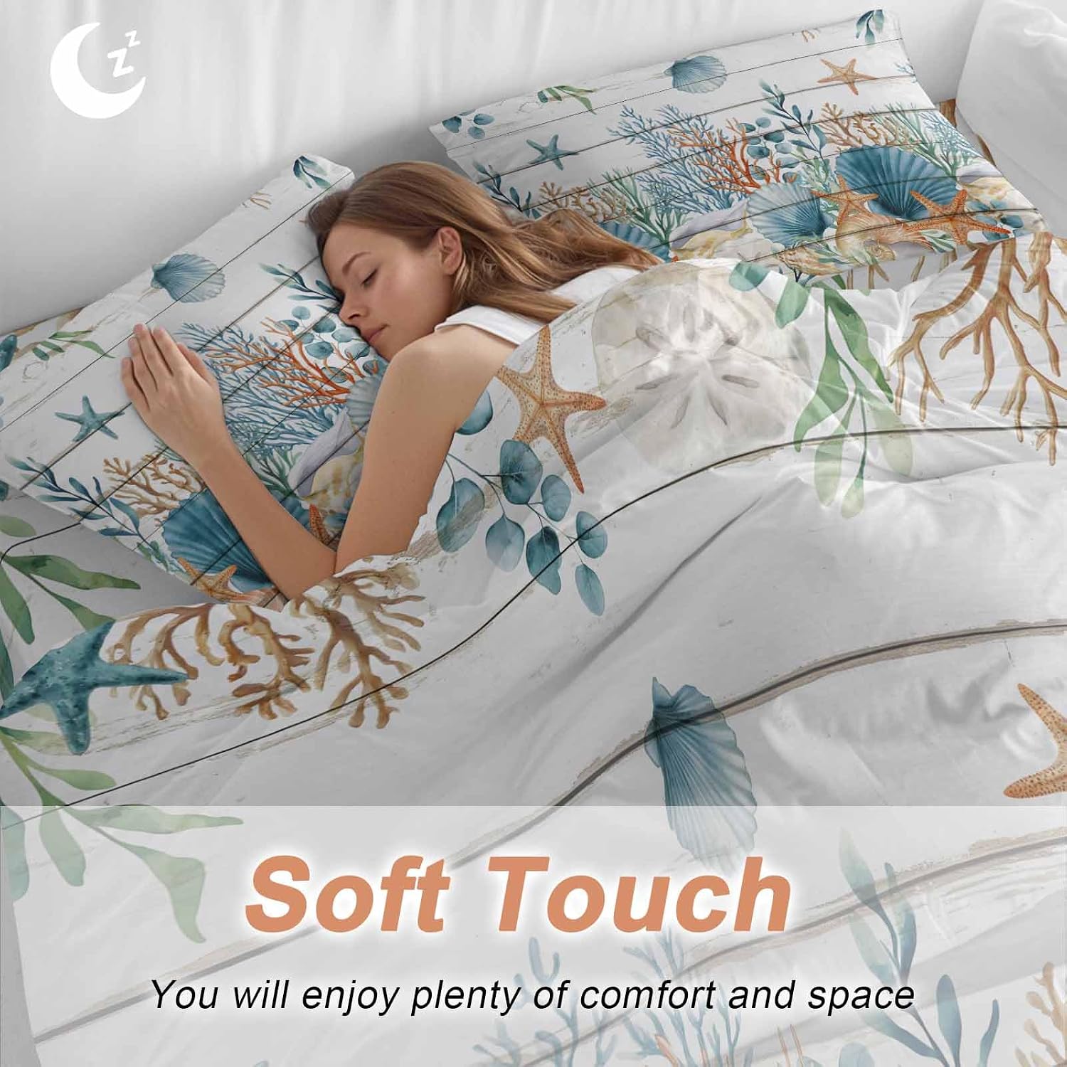 Marine Life Duvet Cover Set Queen Size 4 Pieces Vintage Shell Starfish Coral Eucalyptus Leaves Wood Grain Bedding Set with Zipper Closure, 1 Comforter Cover 86x86 Inches 1 Flat Sheet & 2 Pillow Cases