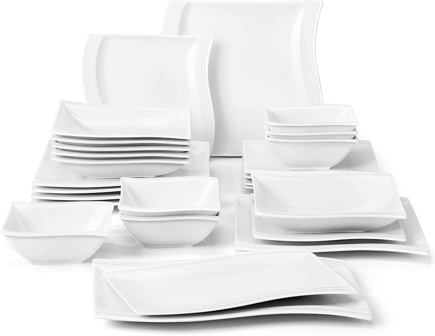 MALACASA Plates and Bowls Sets, 26 Pieces Ivory White Porcelain Dinnerware Sets without Mugs, Square Dinnerware with Dinner Plates, Bowls and Serving Platters, Modern Dish Set for 6, Series Flora