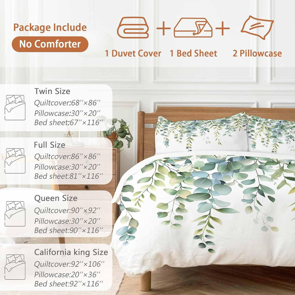 Prime Leader Green Leaves Duvet Cover Set Queen Size 4 Pieces Eucalyptus Leaf Watercolor Plant Botanical Bedding Set with Zipper Closure, 1 Comforter Cover 90x92 Inches 1 Flat Sheet & 2 Pillow Cases