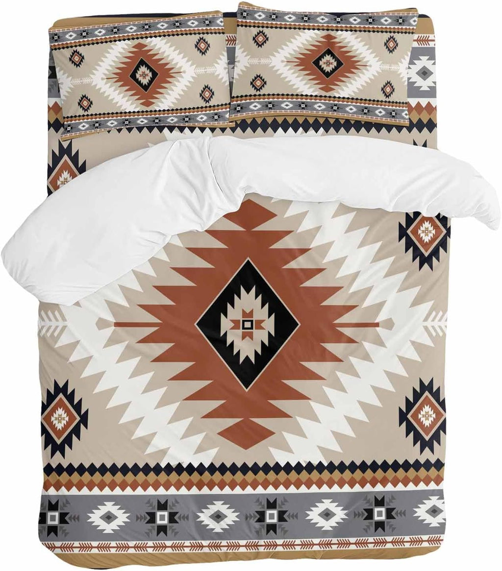 Aztec Southwestern Duvet Cover Set Queen Size 4 Pieces Ethnic Tribal Style Geometric Orange Khaki Bedding Set with Zipper Closure, 1 Comforter Cover 90x92 Inches 1 Flat Sheet & 2 Pillow Cases