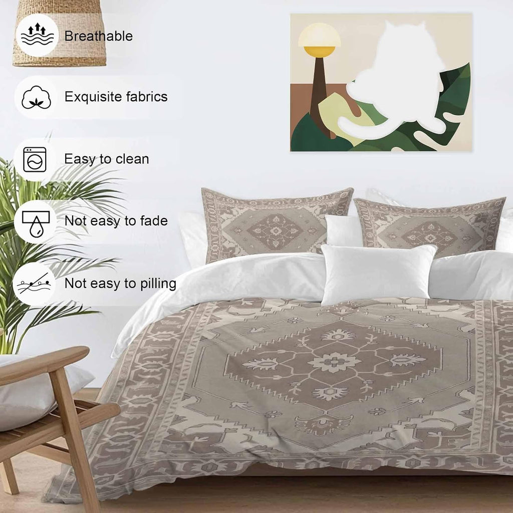 Ethnic Art Boho Duvet Cover Set Queen Size 4 Pieces Abstract Geometric Brown Flower Pattern Retro Border Bedding Set with Zipper Closure, 1 Comforter Cover 86x86 Inches 1 Flat Sheet & 2 Pillow Cases