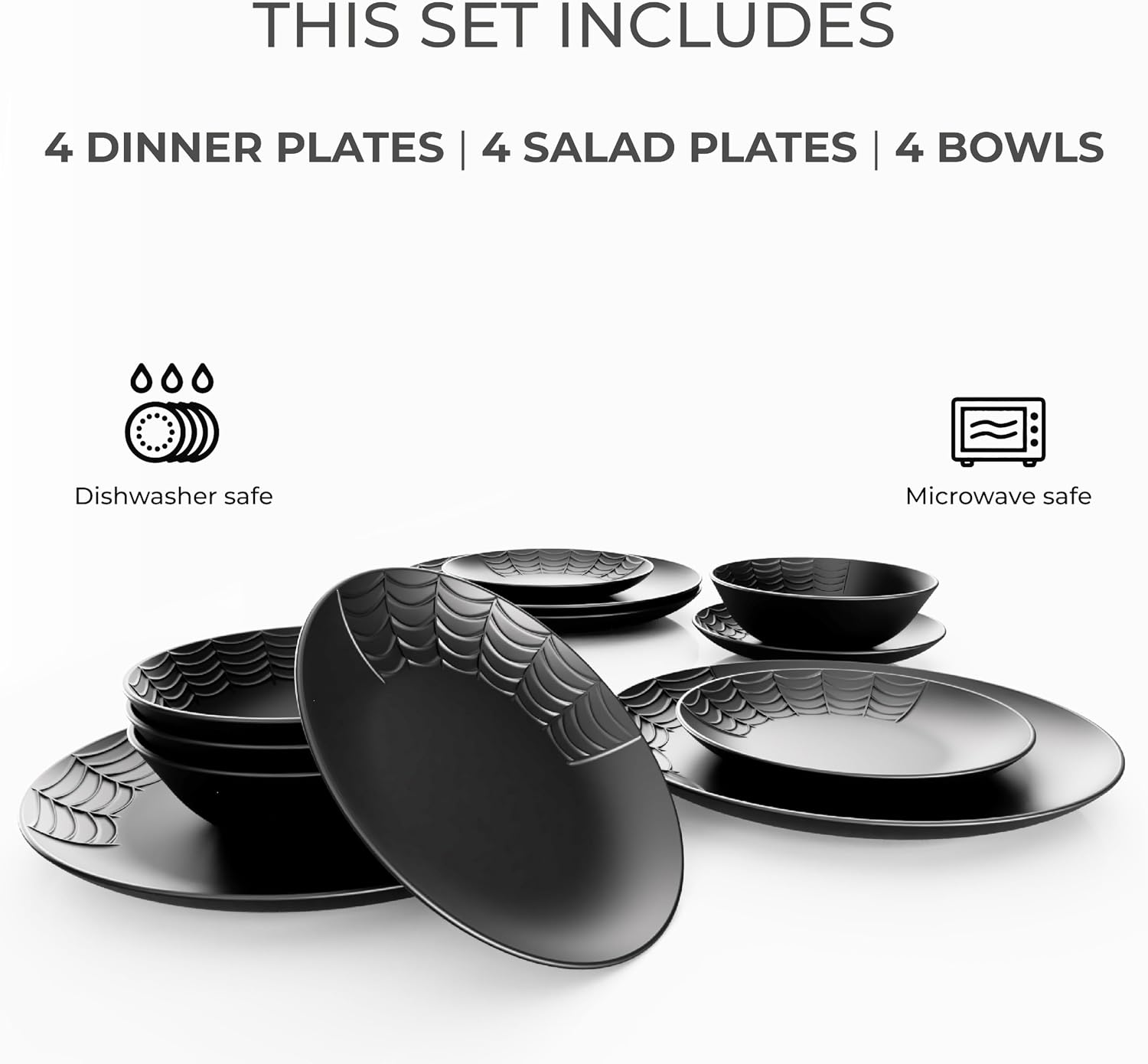 Nomnu Spiderweb Dinnerware Set (12 Pieces) - 4 Dinner Plates, 4 Salad Plates, 4 Bowls - Black Matte Porcelain Goth Dinnerware Set - Halloween Spooky Creepy Dishes Gothic Gifts