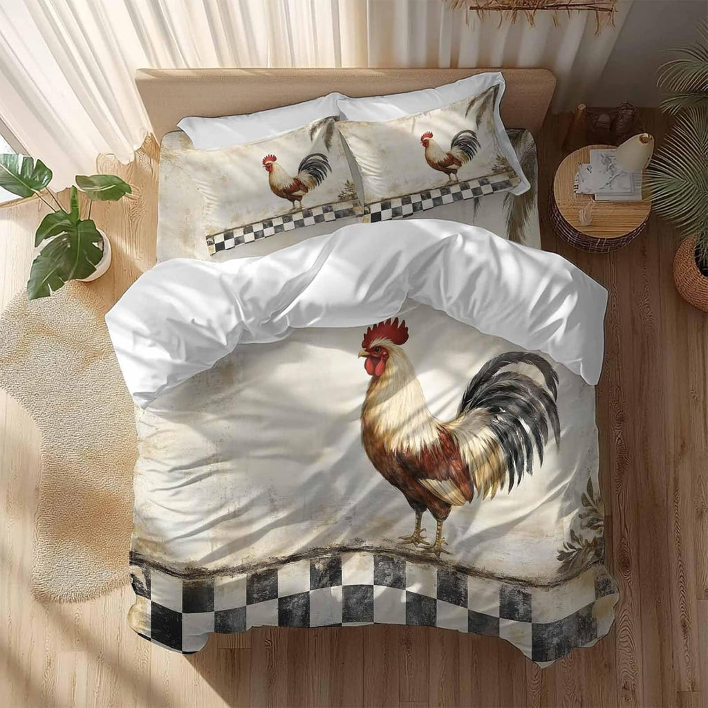 Rooster Chicken Duvet Cover Set Queen Size 4 Pieces Black Plaid Watercolor Vintage Texture Farm Bedding Set with Zipper Closure, 1 Comforter Cover 90x92 Inches 1 Flat Sheet & 2 Pillow Cases