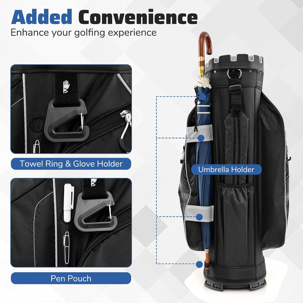 Goplus Lightweight Golf Cart Bag, Molded Lock Top Golf Club Bag w/14-Way Full Length Organizer Dividers, 11 Pockets, Cooler Bag, Straps, Umbrella Holder & Rain Hood for Men Women