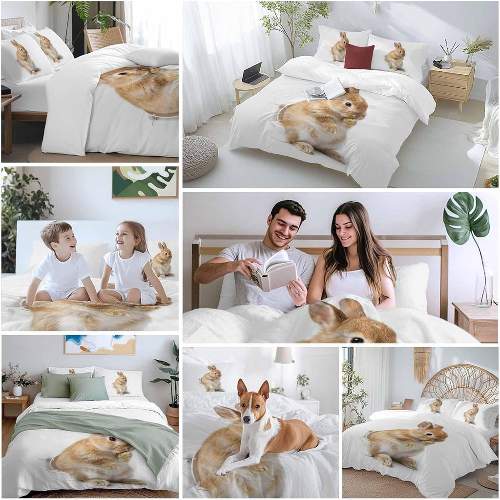 Rabbit Sitting on The Toilet Thinking Duvet Cover Set Queen Size 4 Pieces Abstract Funny Animal Bedding Set with Zipper Closure, 1 Comforter Cover 86x86 Inches 1 Flat Sheet & 2 Pillow Cases