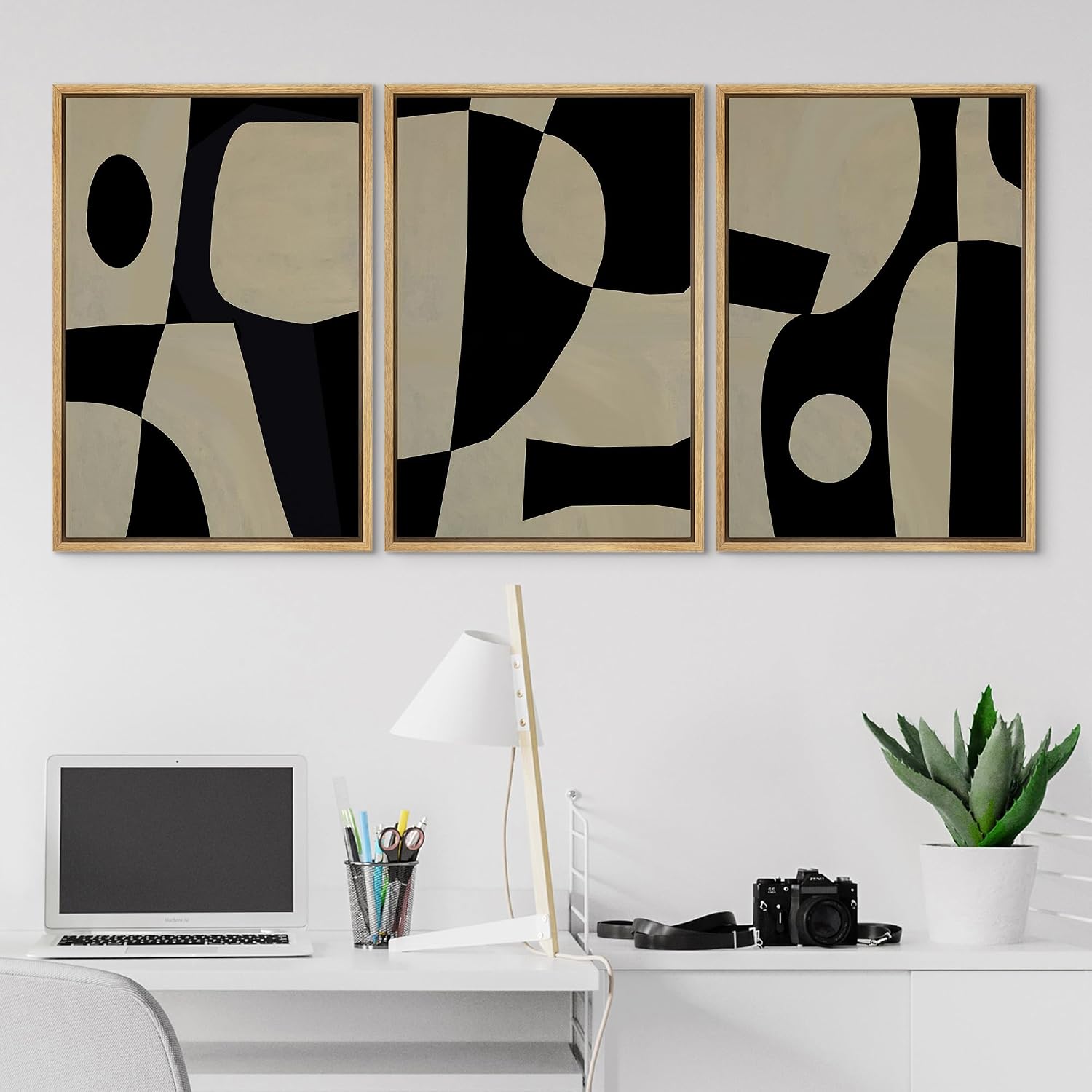 SIGNLEADER Framed Canvas Print Wall Art Set Black Geometirc Block Abstract Shapes Illustrations Minimal Decorative Bohemian Nordic for Living Room, Bedroom, Office - 24'x36'x3 NATURAL