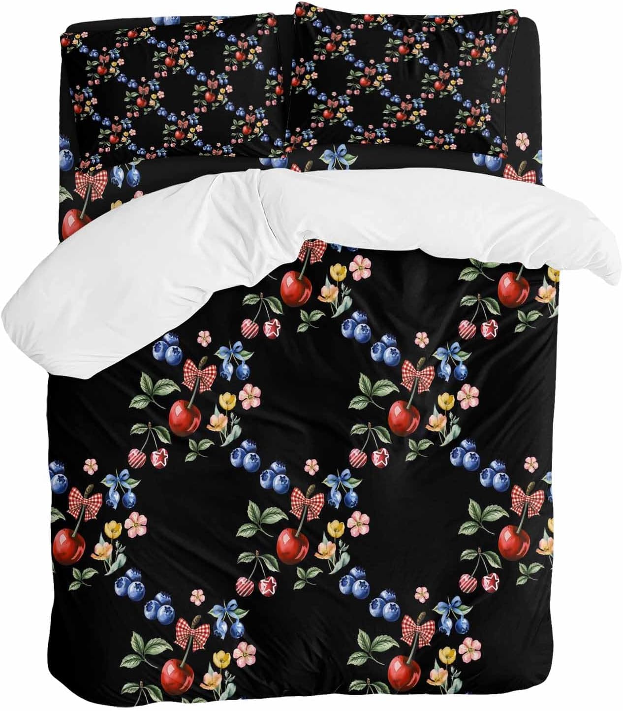 Red Cherry Blueberry Duvet Cover Set Queen Size 4 Pieces Country Farmhouse Flower Green Leaf Black Bedding Set with Zipper Closure, 1 Comforter Cover 90x92 Inches 1 Flat Sheet & 2 Pillow Cases