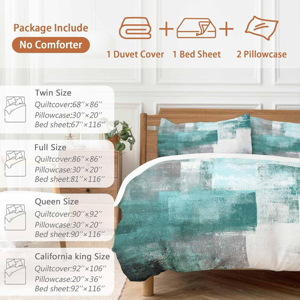 Prime Leader Abstract Art Duvet Cover Set Queen Size 4 Pieces Gradient Turquoise Vintage Minimalist Style Bedding Set with Zipper Closure, 1 Comforter Cover 90x92 Inches 1 Flat Sheet & 2 Pillow Cases