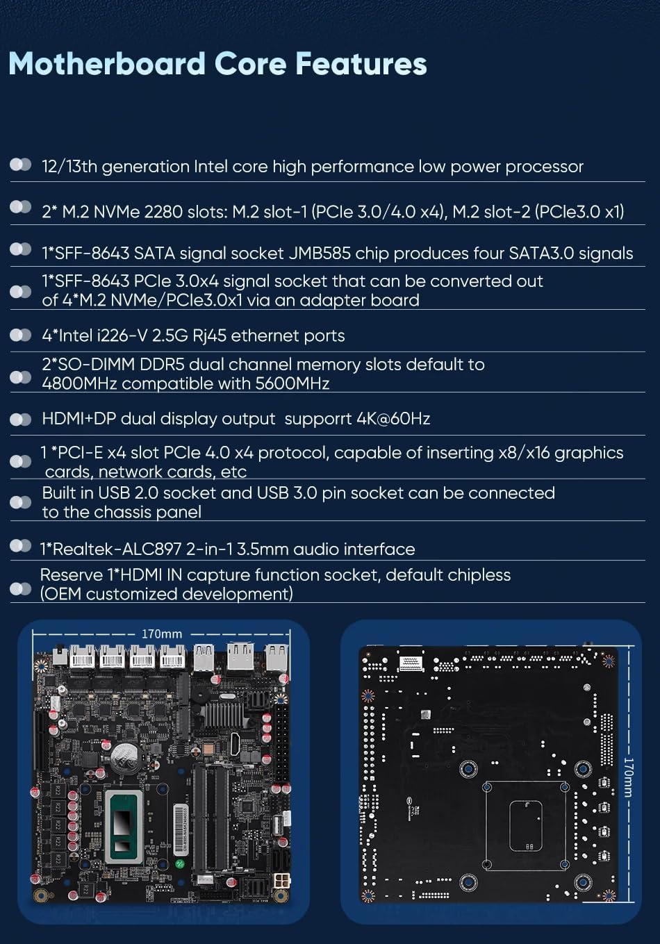 NAS Motherboard AMD, Firewall VPN Router Intel i5-12450H 8 core 12 Thread DIY 2xSFF-8643, 4 Port i226-V 2.5GbE LAN, 2xDDR5, 2*M.2 NVMe PCIE X4, 6*SATA3.0, HDMI2.0 DP USB4 Type-C, ITX 17x17CM.