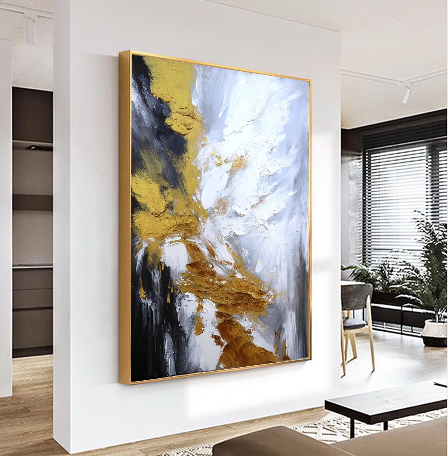 Large 3D Texture Glod Abstract Canvas Wall Art for Living Room,Framed Hand Painted Black and White Abstract Oil Painting for entrance hallway,Modern Thick Textured Wall Decorations Painting Hang for Home Office Décor 32x48inches