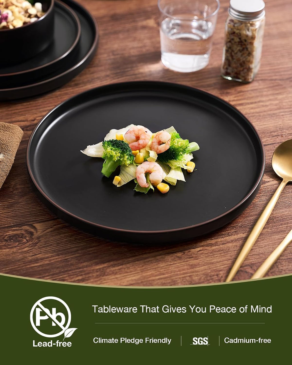 Famiware Nebula Ridge Stoneware Dinnerware Sets with Pasta Bowls, Plates and Bowls Sets, Service for 6 (24 Pieces), Microwave and Dishwasher Safe Kitchen Plates, Matte Black