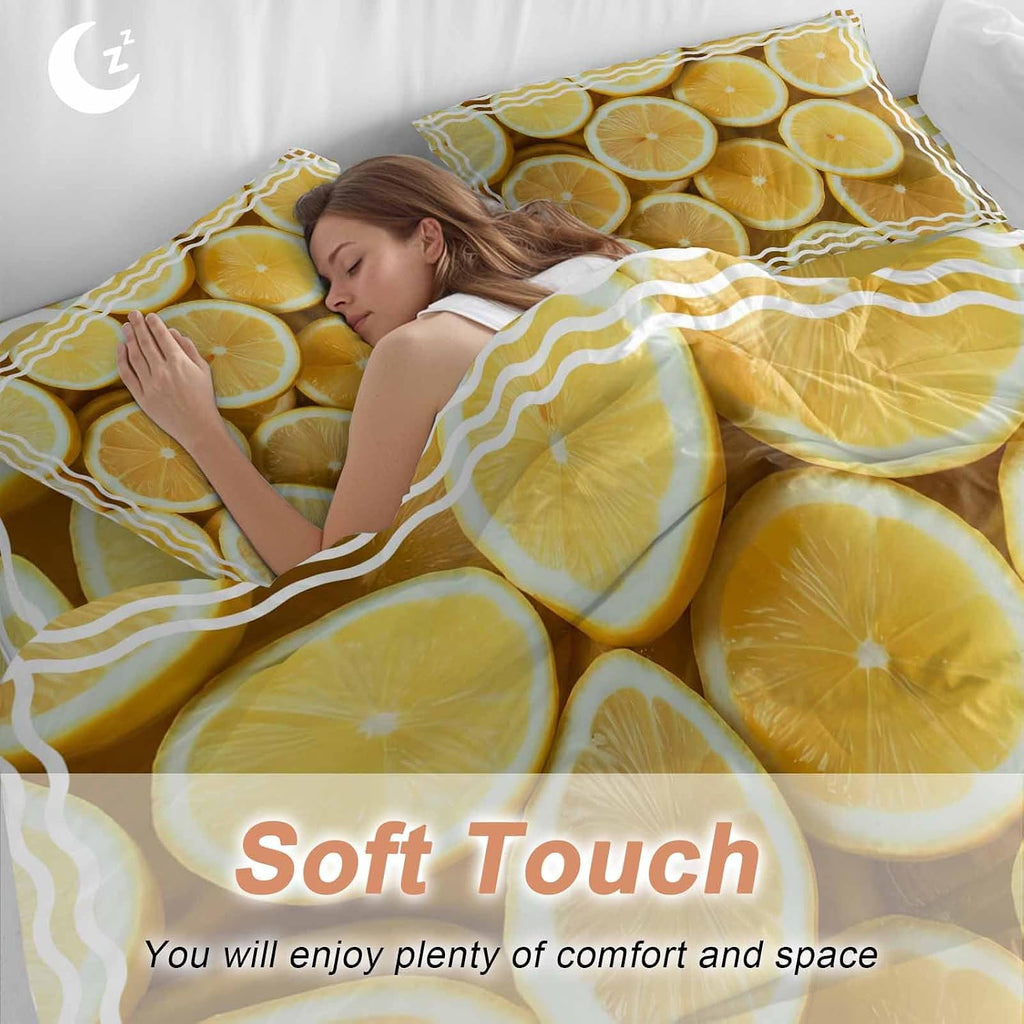Yellow Lemon Duvet Cover Set Queen Size 4 Pieces Retro Country Watercolor Fruit Farmhouse Stripes Bedding Set with Zipper Closure, 1 Comforter Cover 92x106 Inches 1 Flat Sheet & 2 Pillow Cases