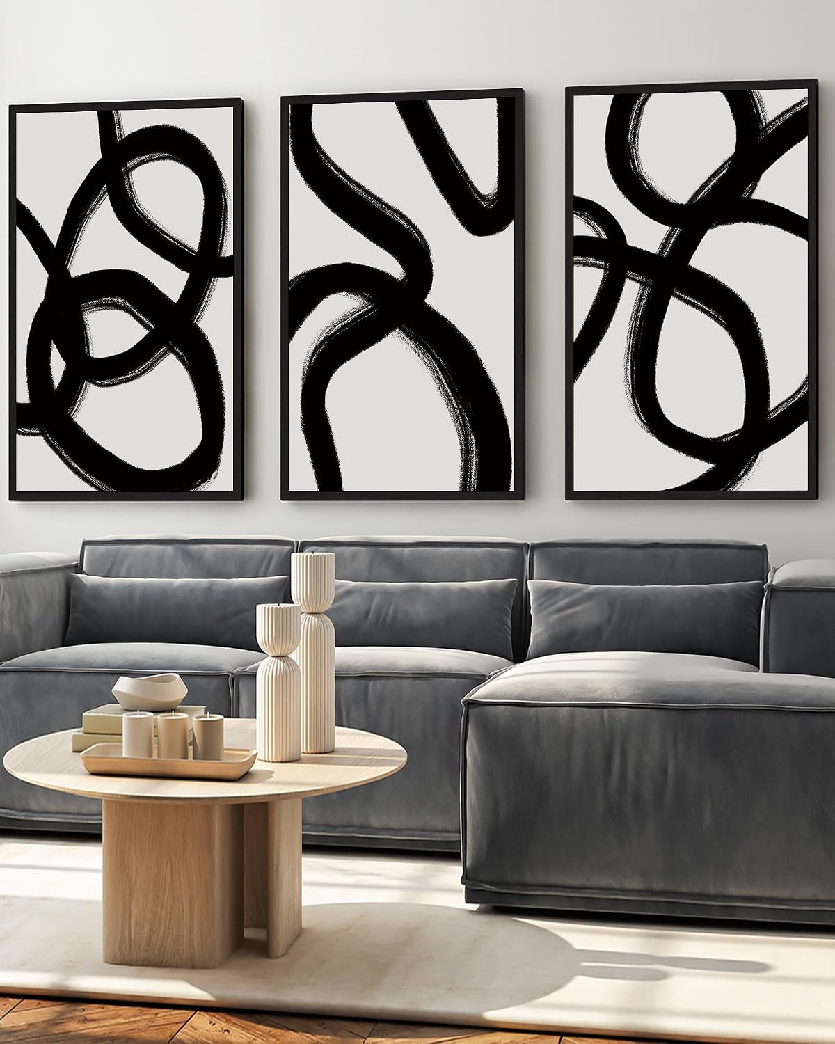 Drsoum Large 24x36in Black and Gray Abstract Framed Wall Art Decor Duotone Minimal Dark Brush Stroke Prints Shapes Illustrations Modern Art Decorative Ready To Hang - Black Framed