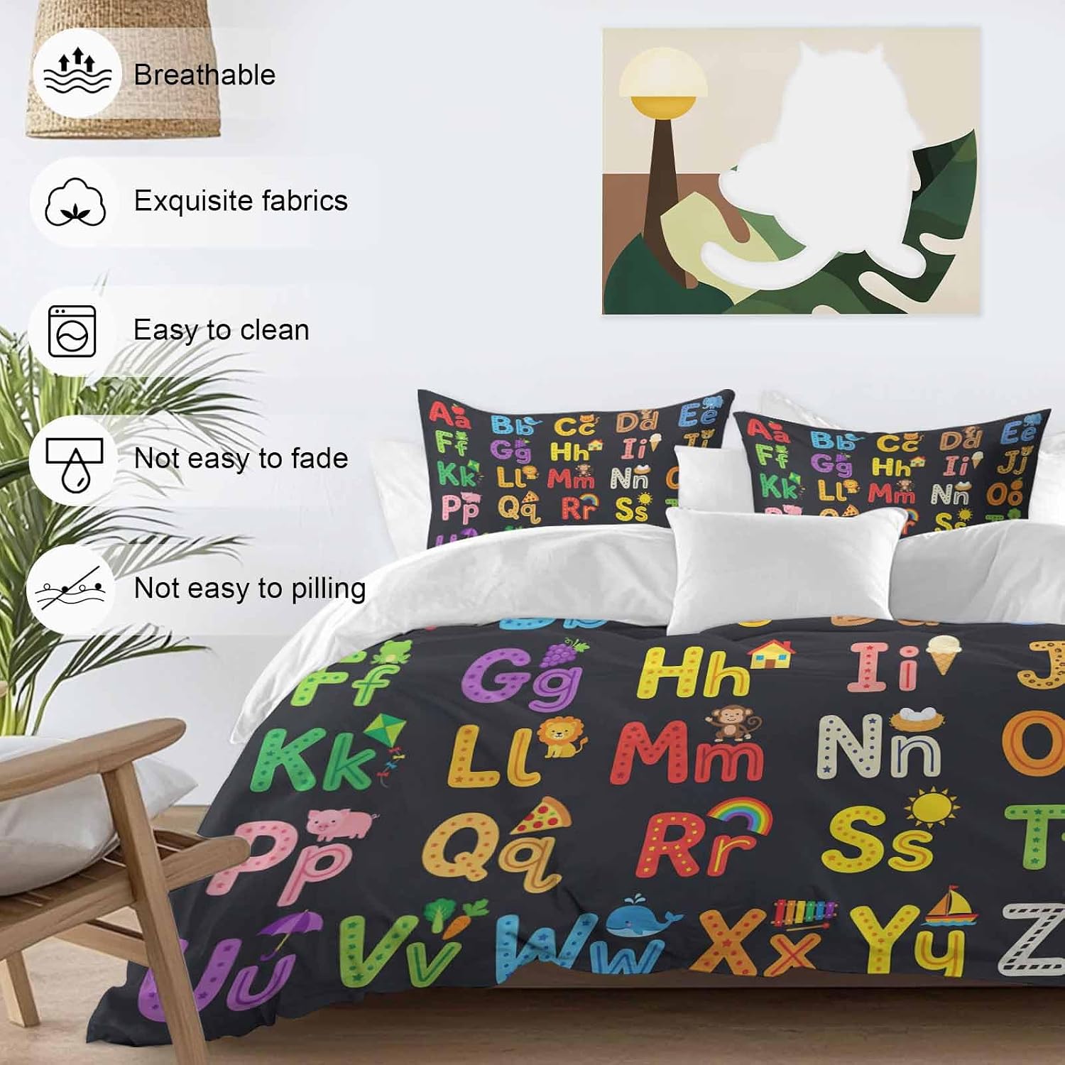 Alphabet Duvet Cover Set Queen Size 4 Pieces American Cartoon Early Education Alphabet Minimalist Mural Bedding Set with Zipper Closure, 1 Comforter Cover 86x86 Inches 1 Flat Sheet & 2 Pillow Cases