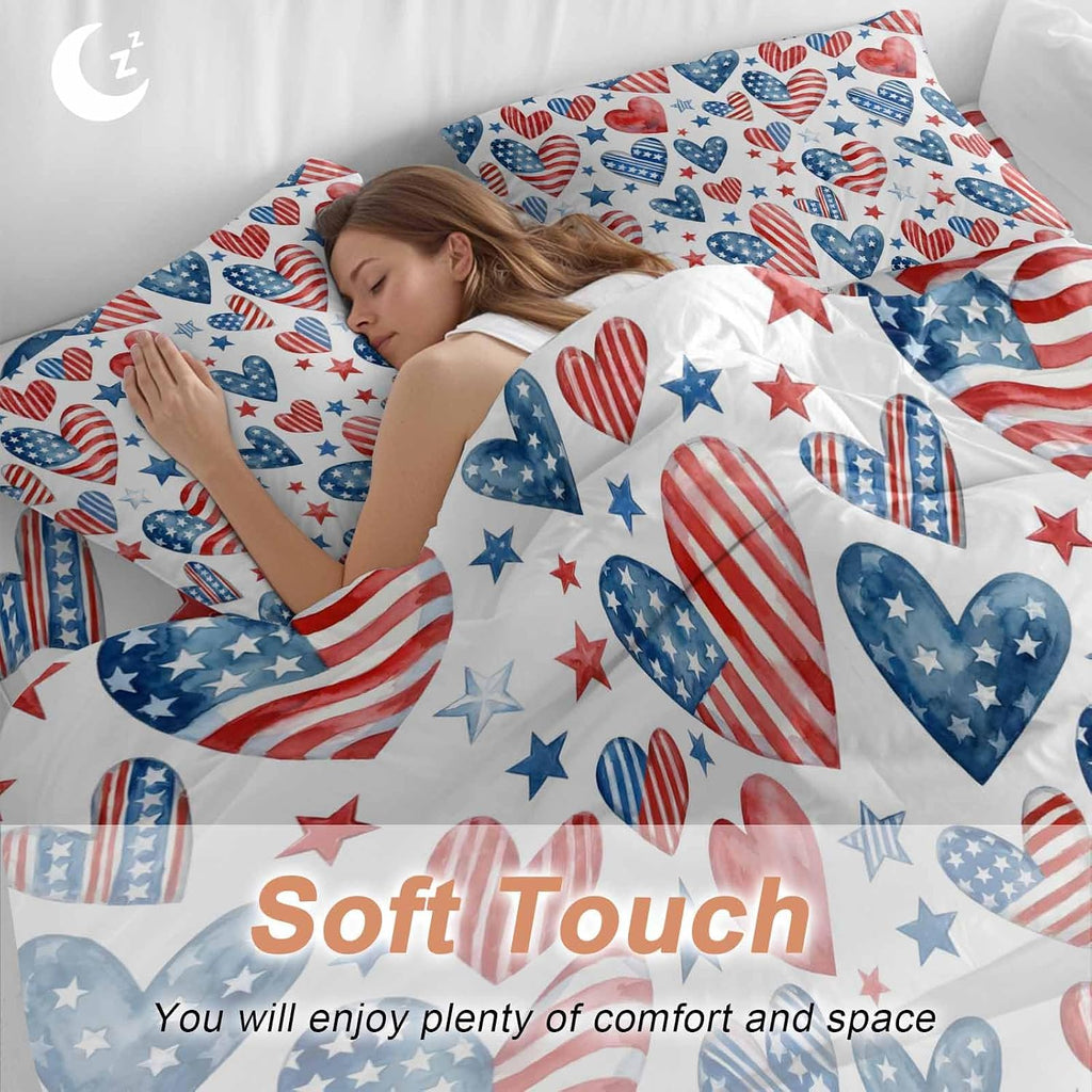 Independence Day Duvet Cover Set Queen Size 4 Pieces U. S. Flag Themed Love Heart Five-Pointed Stars Bedding Set with Zipper Closure, 1 Comforter Cover 92x106 Inches 1 Flat Sheet & 2 Pillow Cases