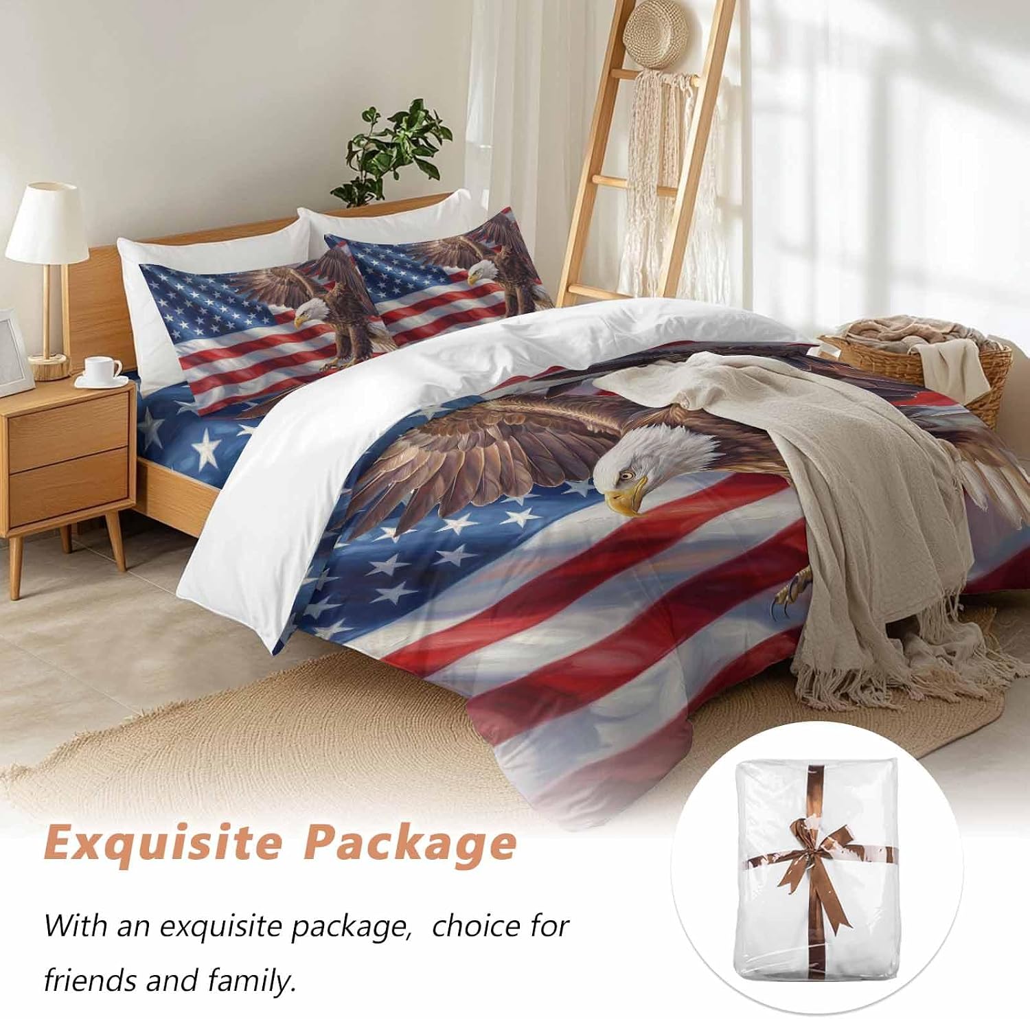 Independence Day Duvet Cover Set Queen Size 4 Pieces Watercolor U. S. Flag Soaring Bald Eagle Bedding Set with Zipper Closure, 1 Comforter Cover 86x86 Inches 1 Flat Sheet & 2 Pillow Cases