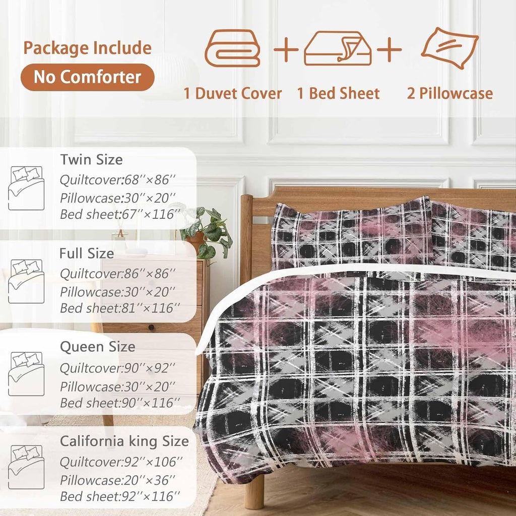 Tartan Duvet Cover Set Queen Size 4 Pieces Scottish Plaid Gray White Stripes Black Plaid Artistic Bedding Set with Zipper Closure, 1 Comforter Cover 90x92 Inches 1 Flat Sheet & 2 Pillow Cases