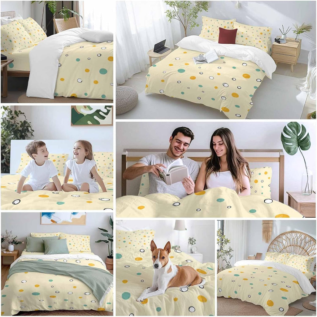 Polka Dot Duvet Cover Set Queen Size 4 Pieces Green Yellow Polka Dot Warm Yellow Cute Summer Bedding Set with Zipper Closure, 1 Comforter Cover 92x106 Inches 1 Flat Sheet & 2 Pillow Cases
