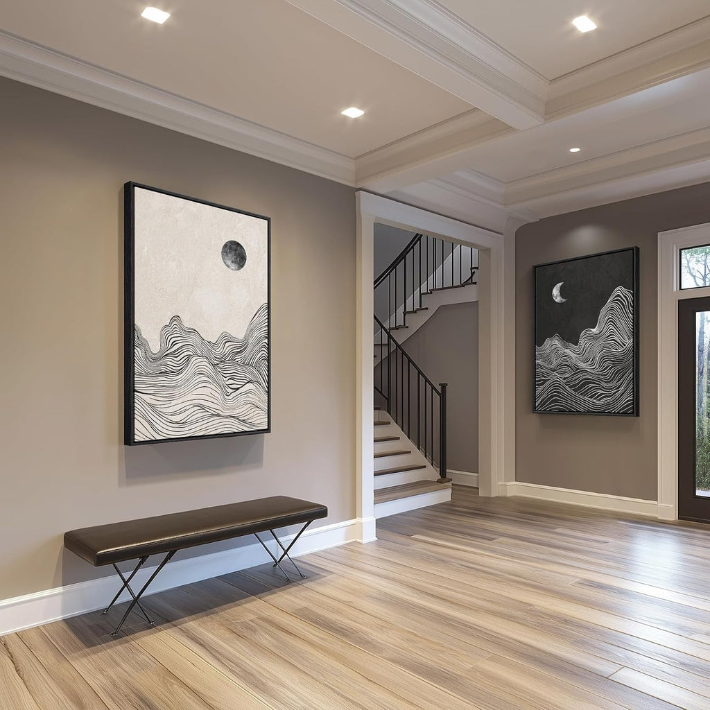 Large Framed Black and White Abstract Wall Art for Living Room, Set of 2 Modern Canvas Prints Paintings Artwork for Walls, Abstract Mountain and Moon Pictures for Bedroom Hallway Wall Decor 24x36 In