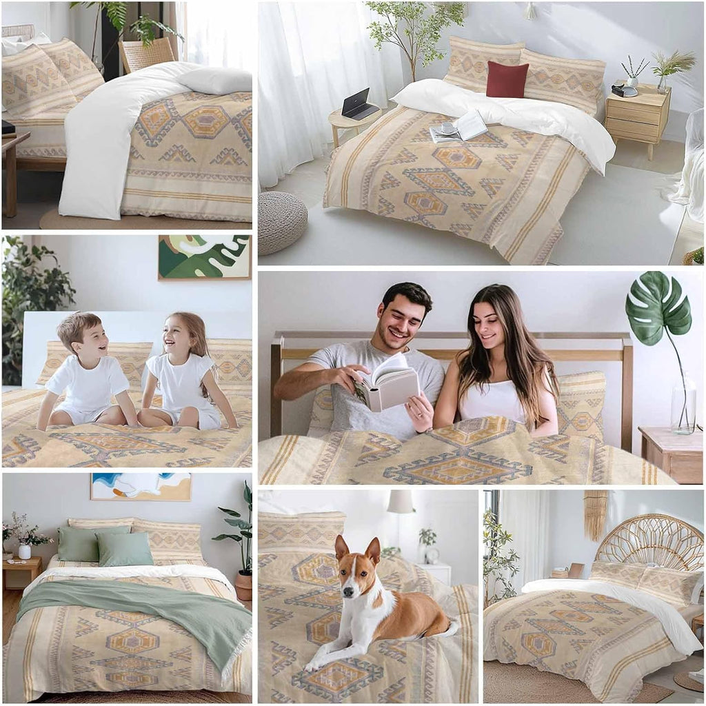 Bohemian Duvet Cover Set Queen Size 4 Pieces Traditional Ethic Pattern Colorful Stripes Geometric Bedding Set with Zipper Closure, 1 Comforter Cover 92x106 Inches 1 Flat Sheet & 2 Pillow Cases