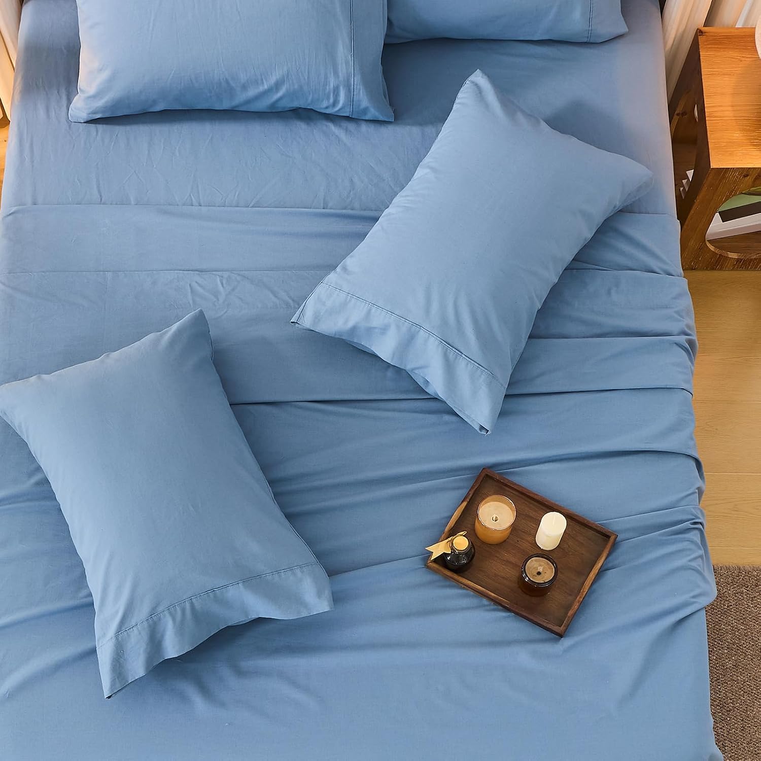 Bedlifes 100% French Linen Sheets California King Size 18-24' Extra Deep Pocket 4-Piece Set Breathable & Moisture-Wicking,Soft & Durable Sheets for Thick Mattresses(Flint Blue)